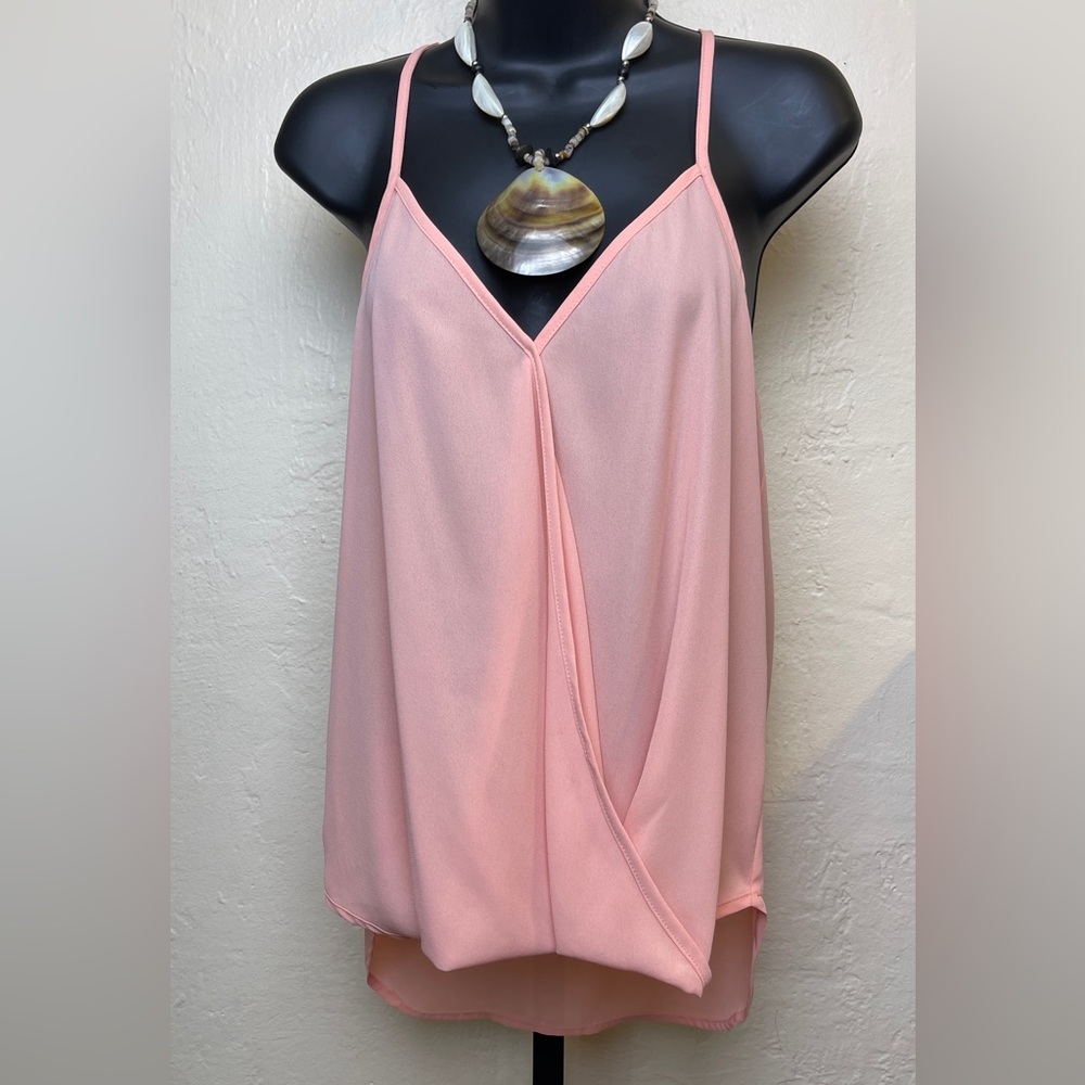 Lily White Deep V Neck Wrap Spaghetti Strap Tank in Apricot - Picture 1 of 8